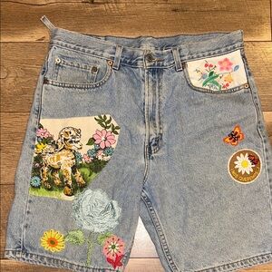 Vintage Levi’s Embroidered Denim Shorts with Floral and Animal Patches
